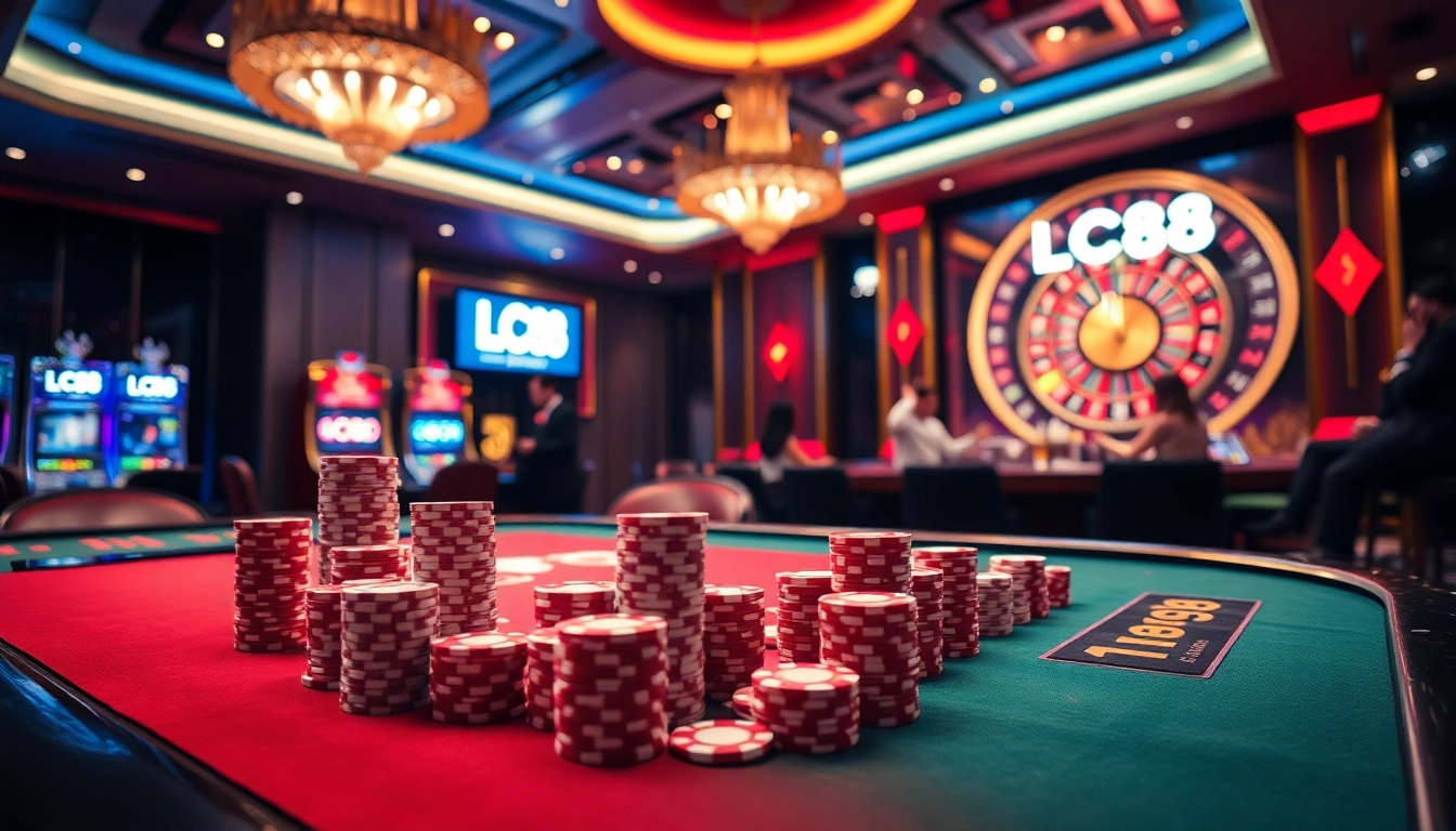 Engaging players at LC88 casino with vibrant tables, exciting games, and flashing slot machines.