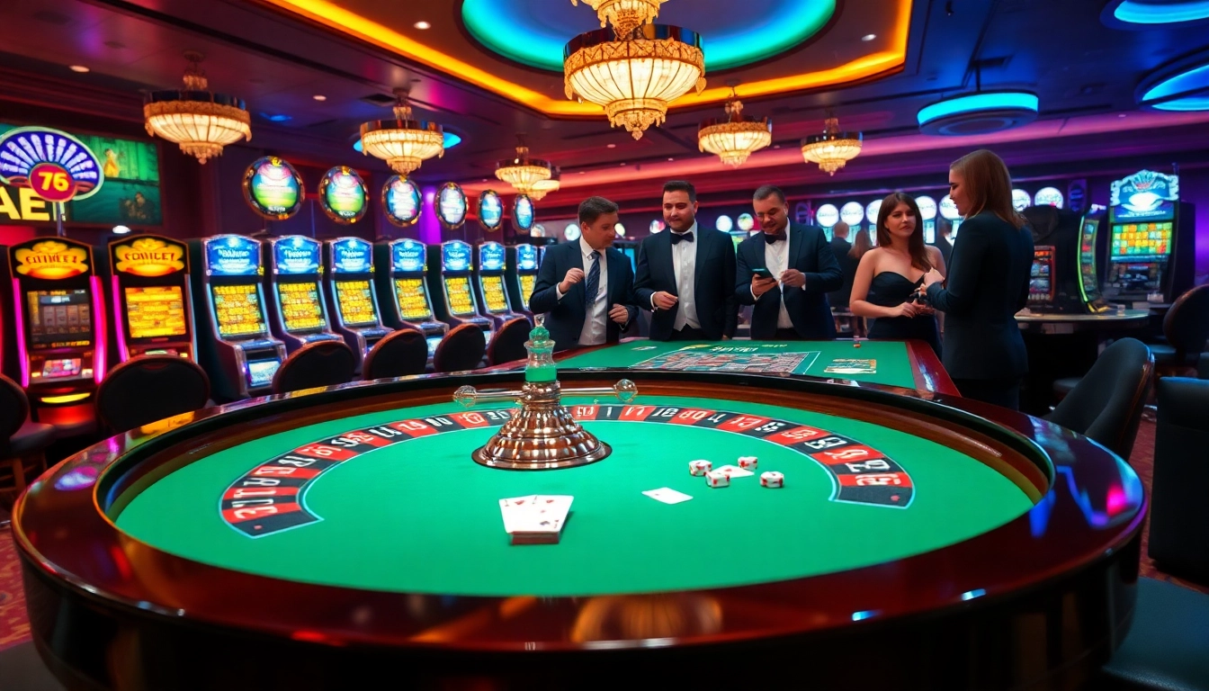 Players engaging in thrilling games at vip66 casino, with roulette table and slot machines.