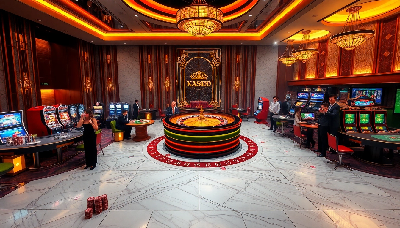 Players engaging in thrilling KP88 casino games with vibrant slot machines and roulette wheels.