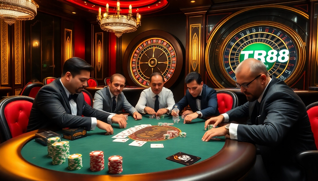 Professional gamblers strategizing at a luxurious poker table highlighting TR88 with vibrant poker chips.