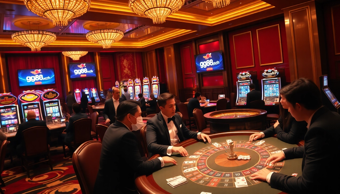 Players engaging in high-stakes gaming at a luxurious casino with gg88.tech branding.