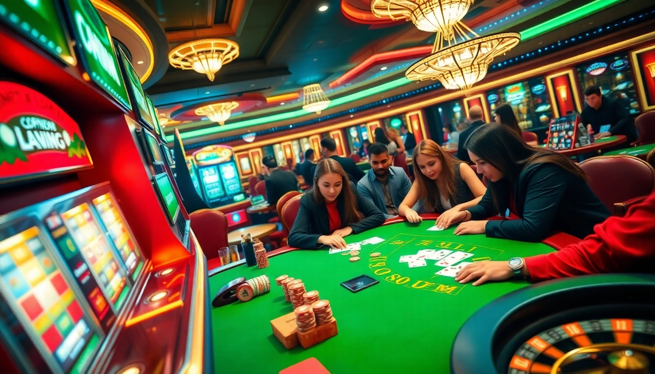 Exciting gameplay at nhà cái 888new featuring a luxurious casino setting with diverse players at poker tables.
