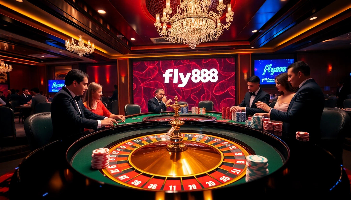 Experience the thrill of a luxurious fly88 casino scene with lively players and vibrant gaming elements.