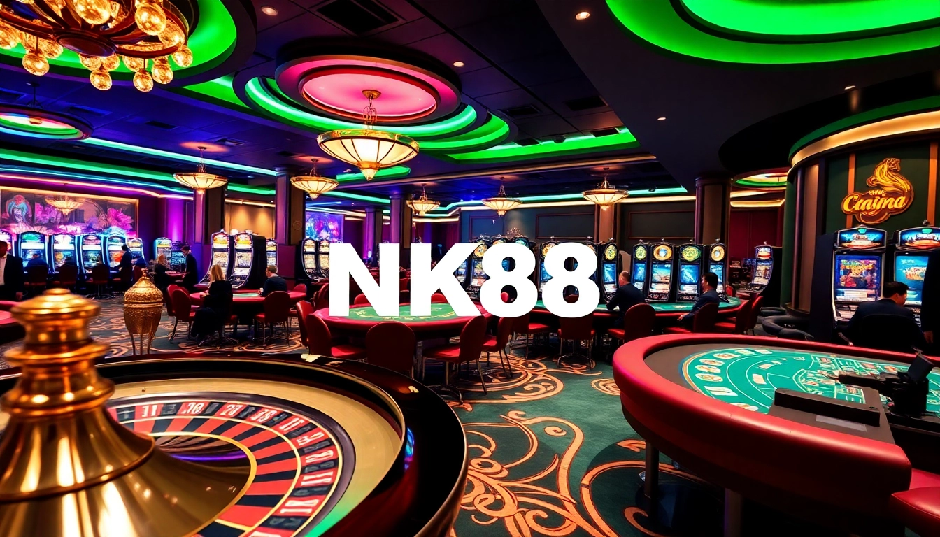 Experience the excitement of NK88 gaming at a luxurious casino with vibrant tables and slot machines.