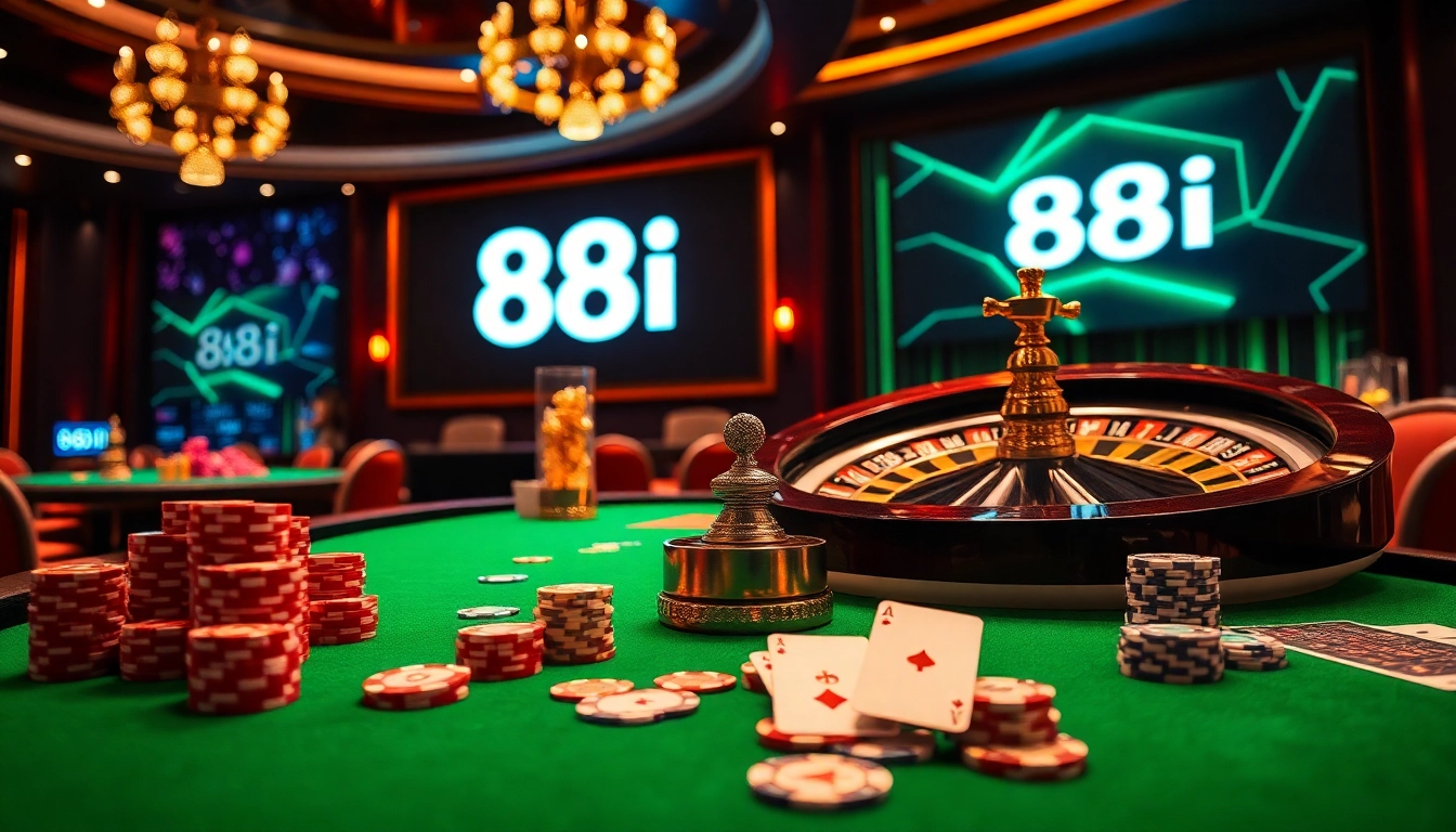Experience the thrill of gambling at 88i's luxurious casino table, complete with poker chips and cards.