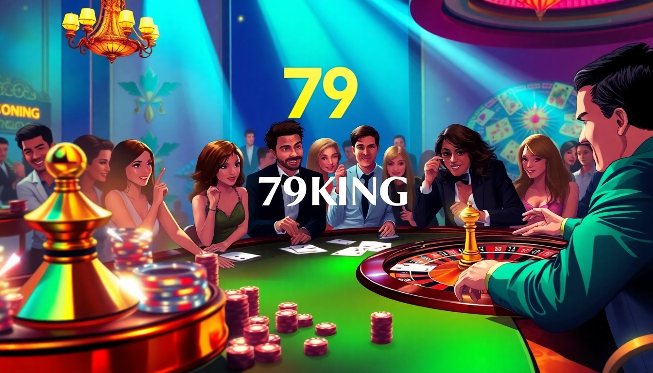 Engage in an exciting poker game at 79KING's luxurious casino, featuring vibrant chips and a roulette wheel.