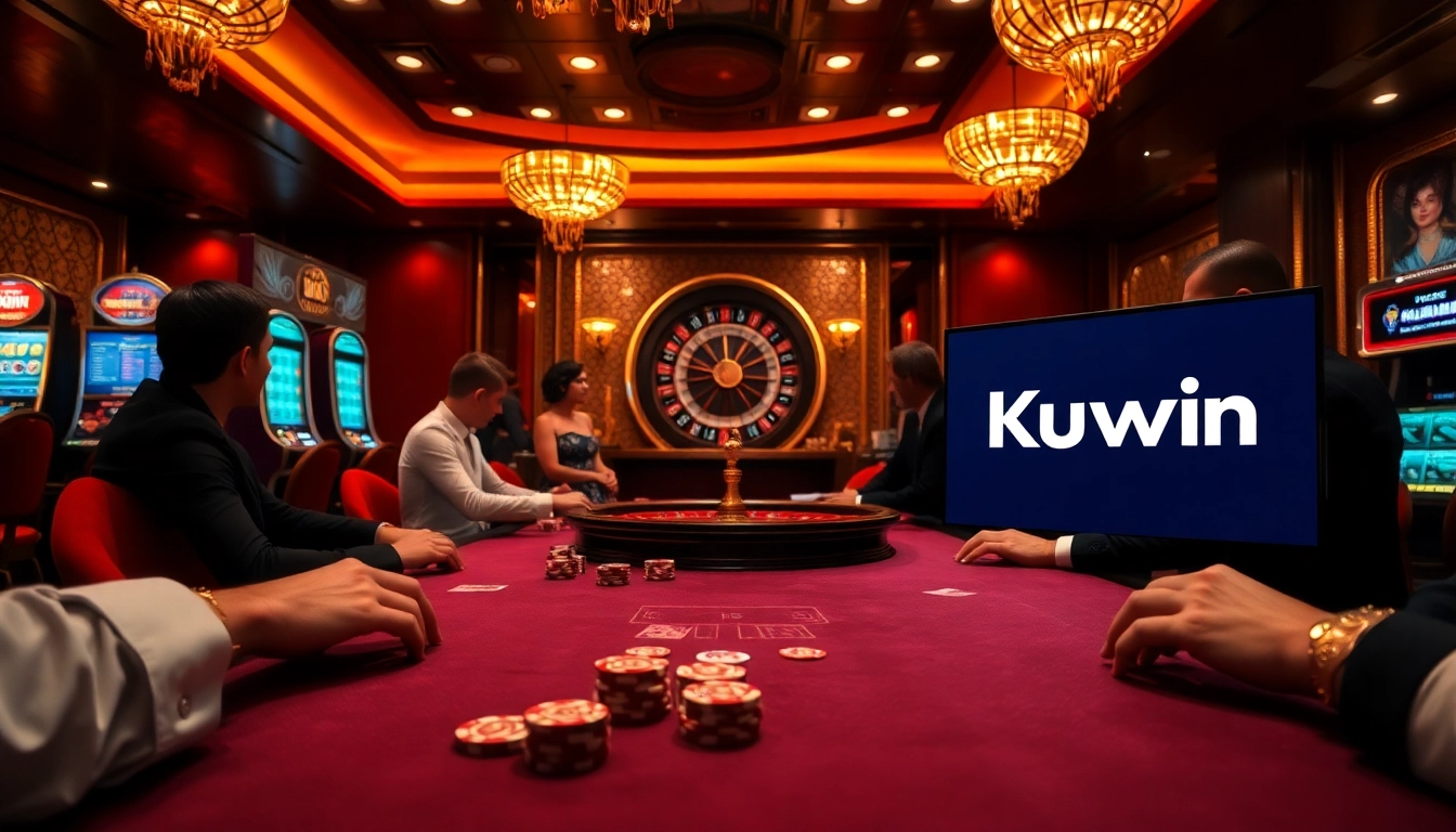 Kuwin poker table action with players placing bets at a luxurious casino.