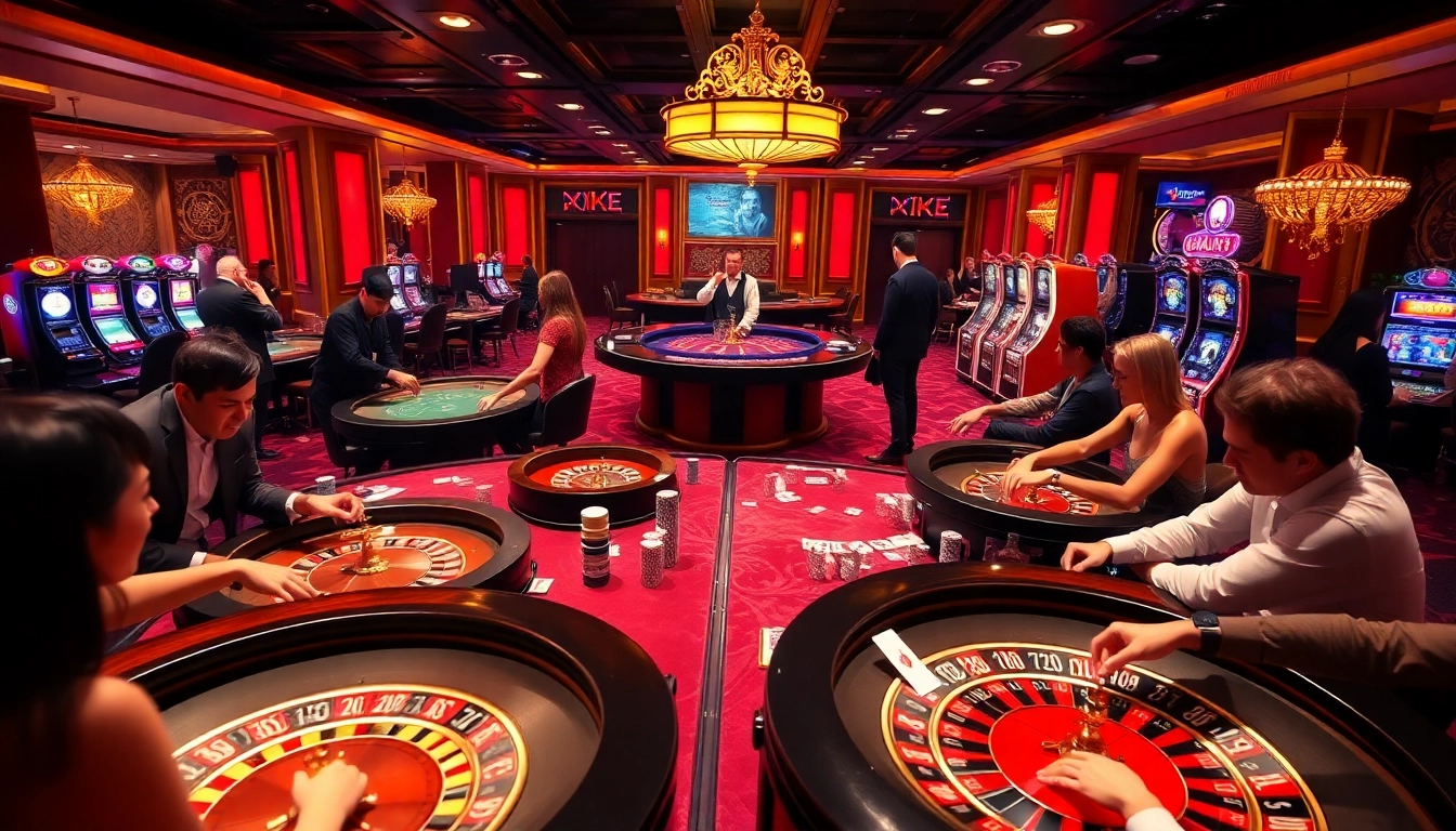 Players enjoying a thrilling gaming experience at 88i's online casino with poker tables and vibrant slot machines.