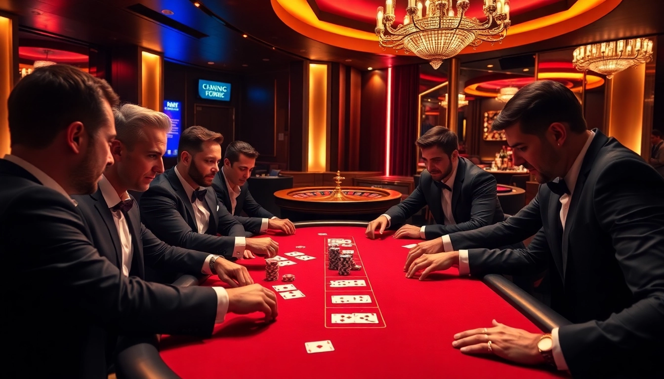 Players engage in an intense poker game at 789bet, surrounded by lavish casino decor and atmosphere.