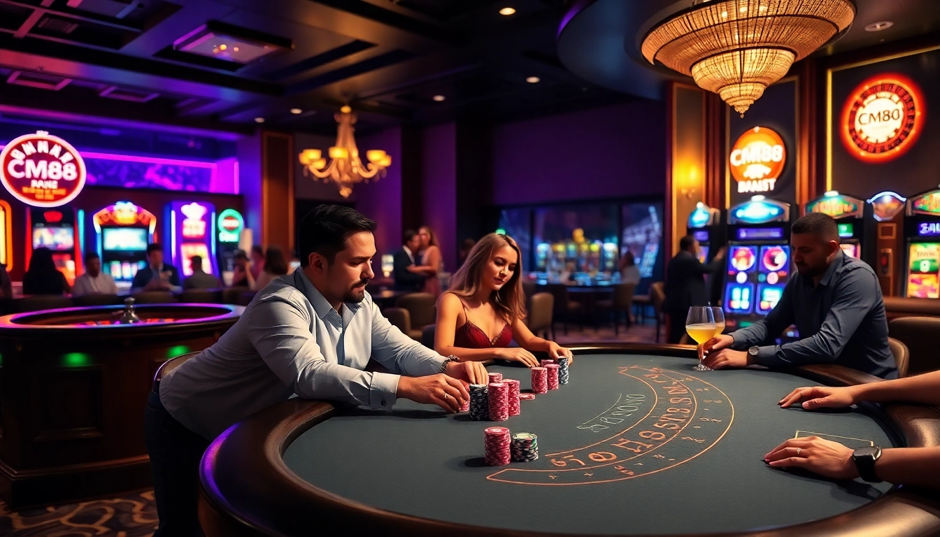 The CM88 casino scene features players at a blackjack table amidst colorful lights and vibrant excitement.