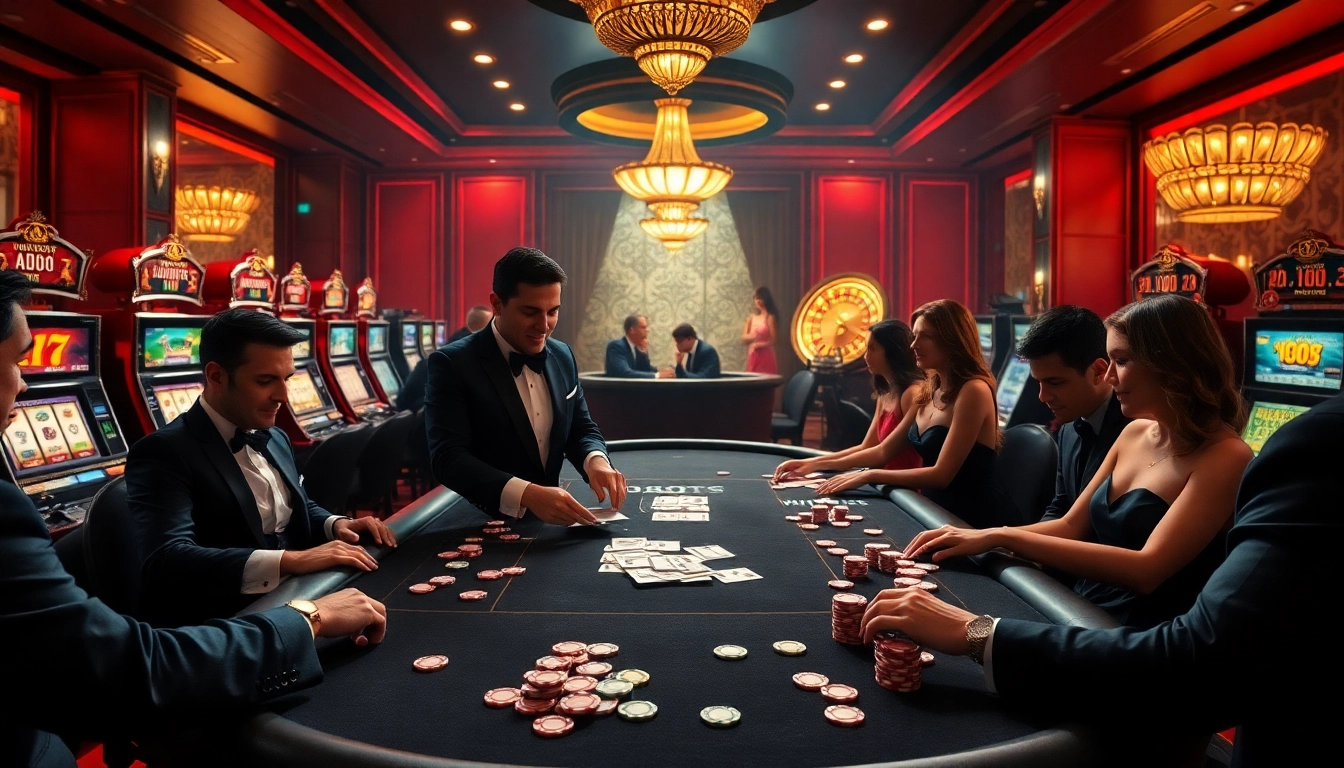 Win55 online gambling scene with poker table, roulette wheel, and vibrant casino atmosphere.