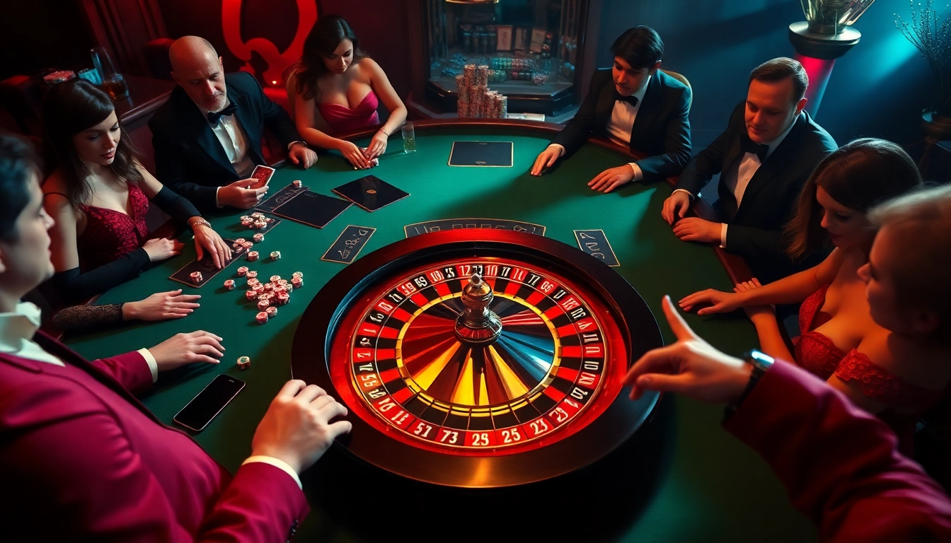 Betting excitement at a luxurious B52-themed casino table with vibrant poker chips and dice.