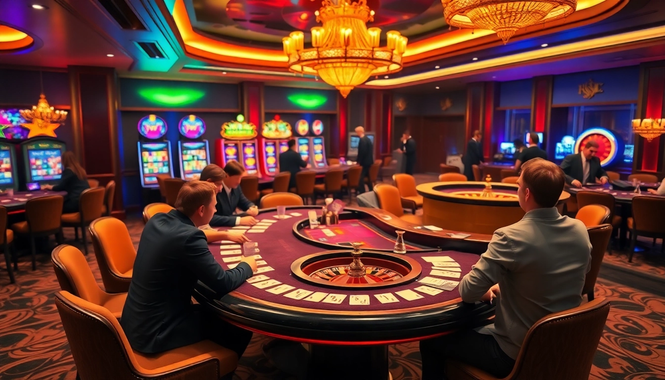 KJC casino players enjoy vibrant tables filled with poker chips and engaging games.