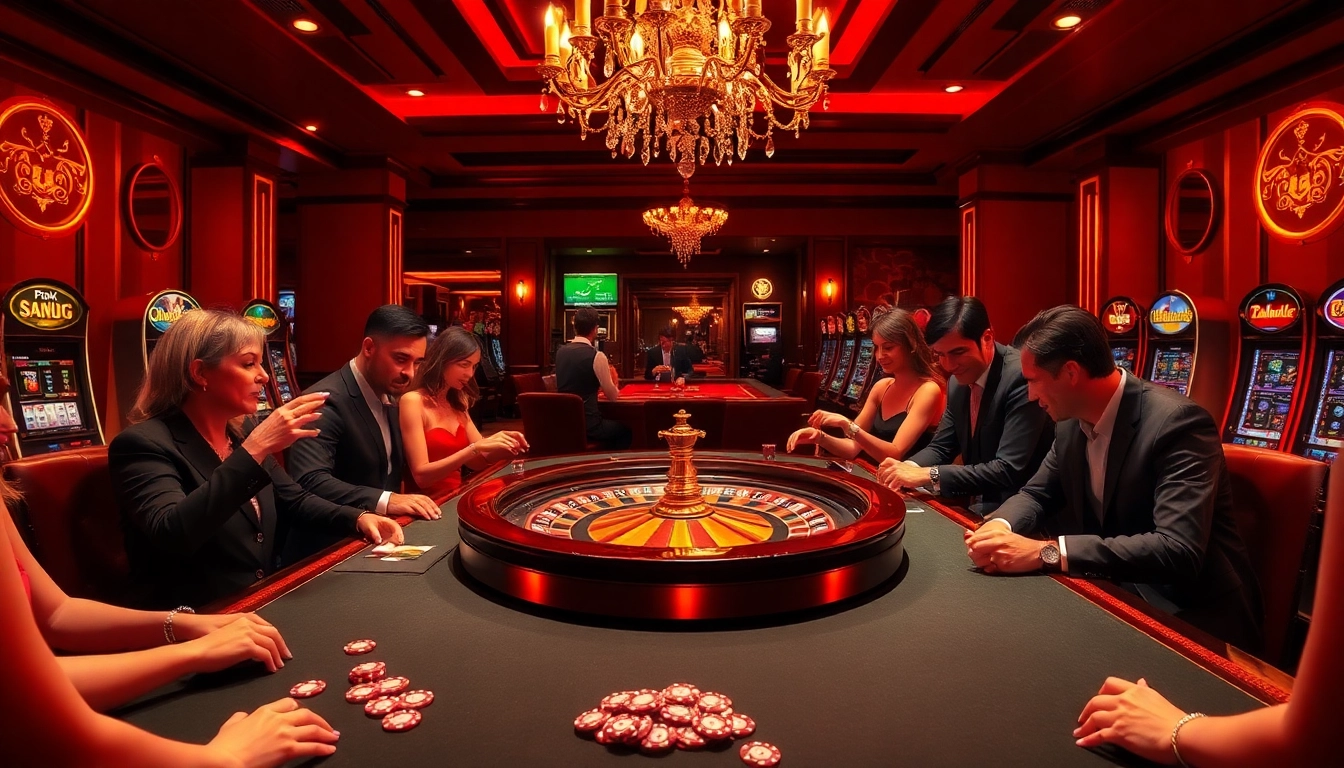 Players enjoying a thrilling game at thabet77's luxurious casino tables, showcasing excitement and high stakes.