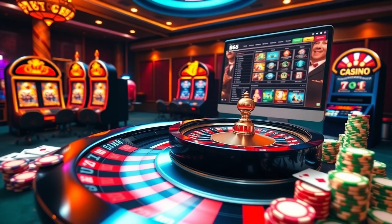 Experience the excitement of B66 CLUB with vibrant casino elements like roulette wheels and lively poker games.