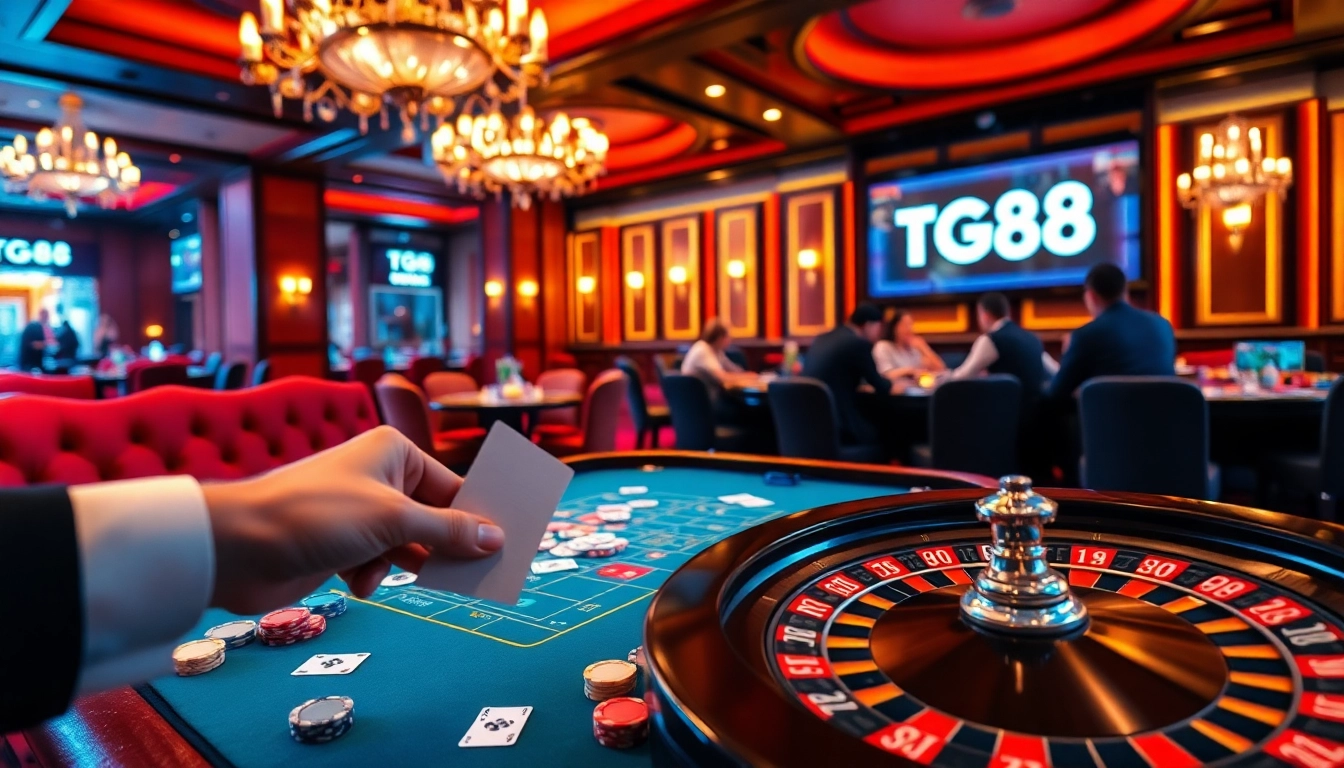 TG88 gaming scene with poker chips, cards, and a roulette wheel, showcasing high-stakes excitement.