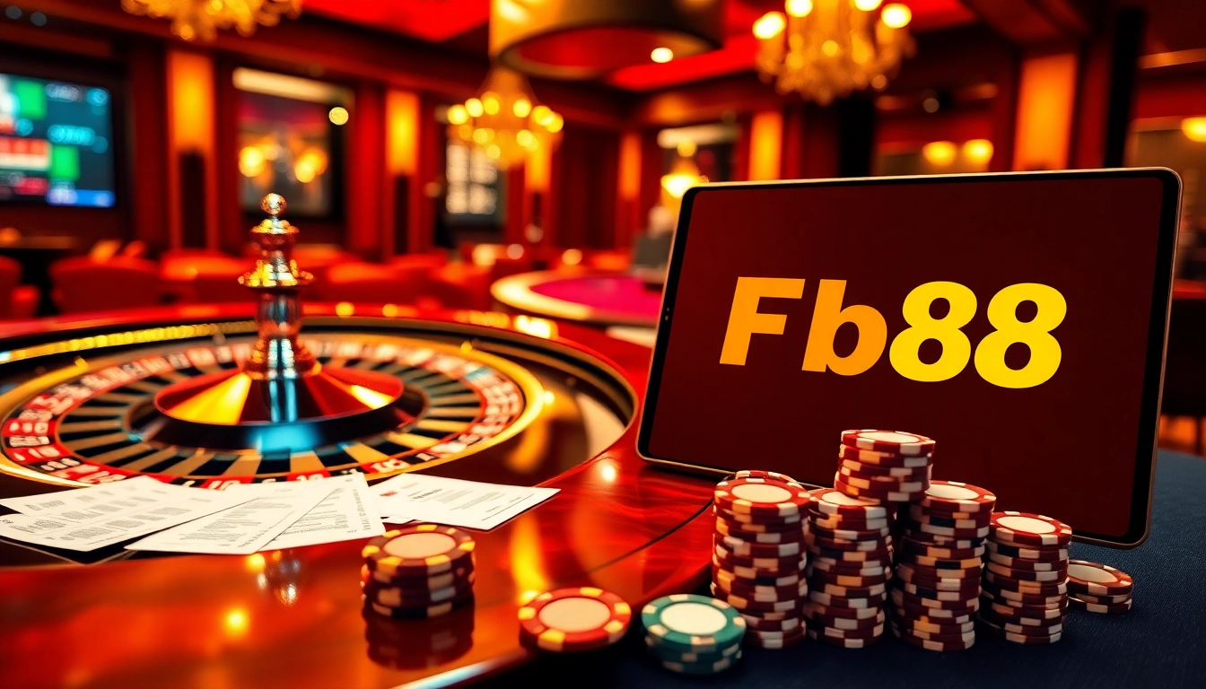 Engaging scene of FB88 online casino with roulette wheel, betting slips, and poker chips.