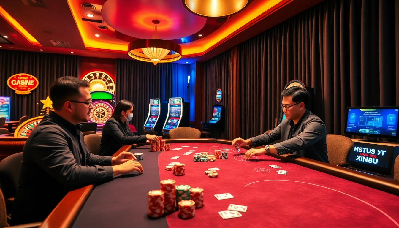 XIN88: Engage in thrilling casino games with vibrant poker tables and roulette wheels.