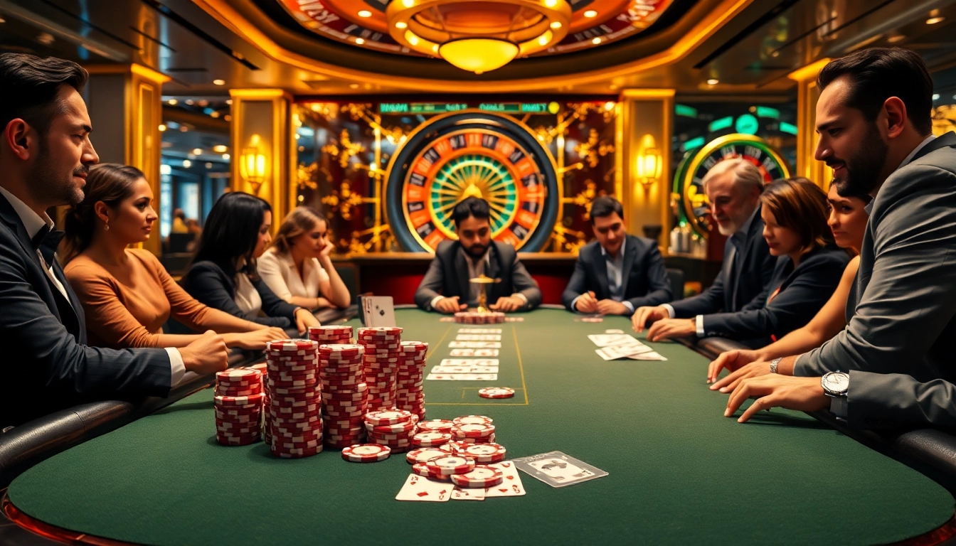 Intense poker game visual featuring https://f1682.email/ elements with players, chips, and cards.