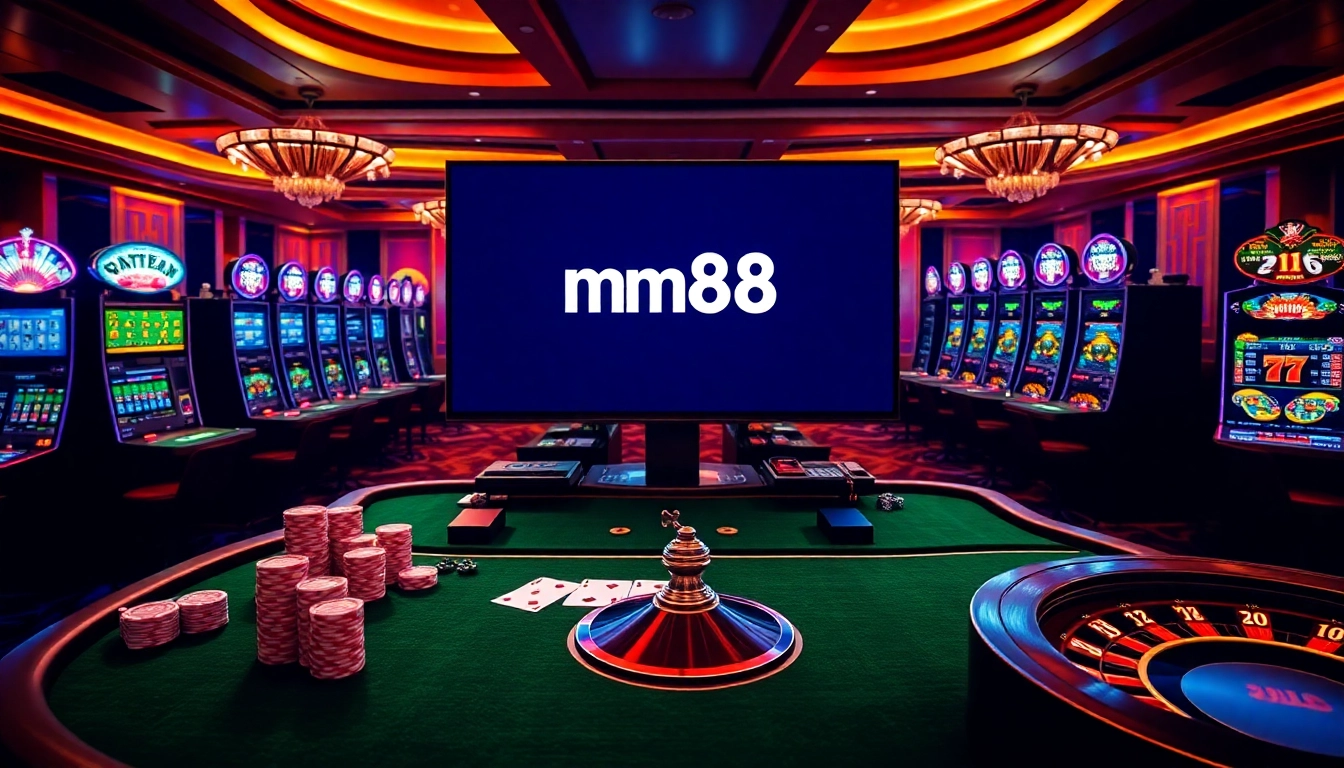 mm88 online platform surrounded by vibrant casino elements like poker chips and slot machines.
