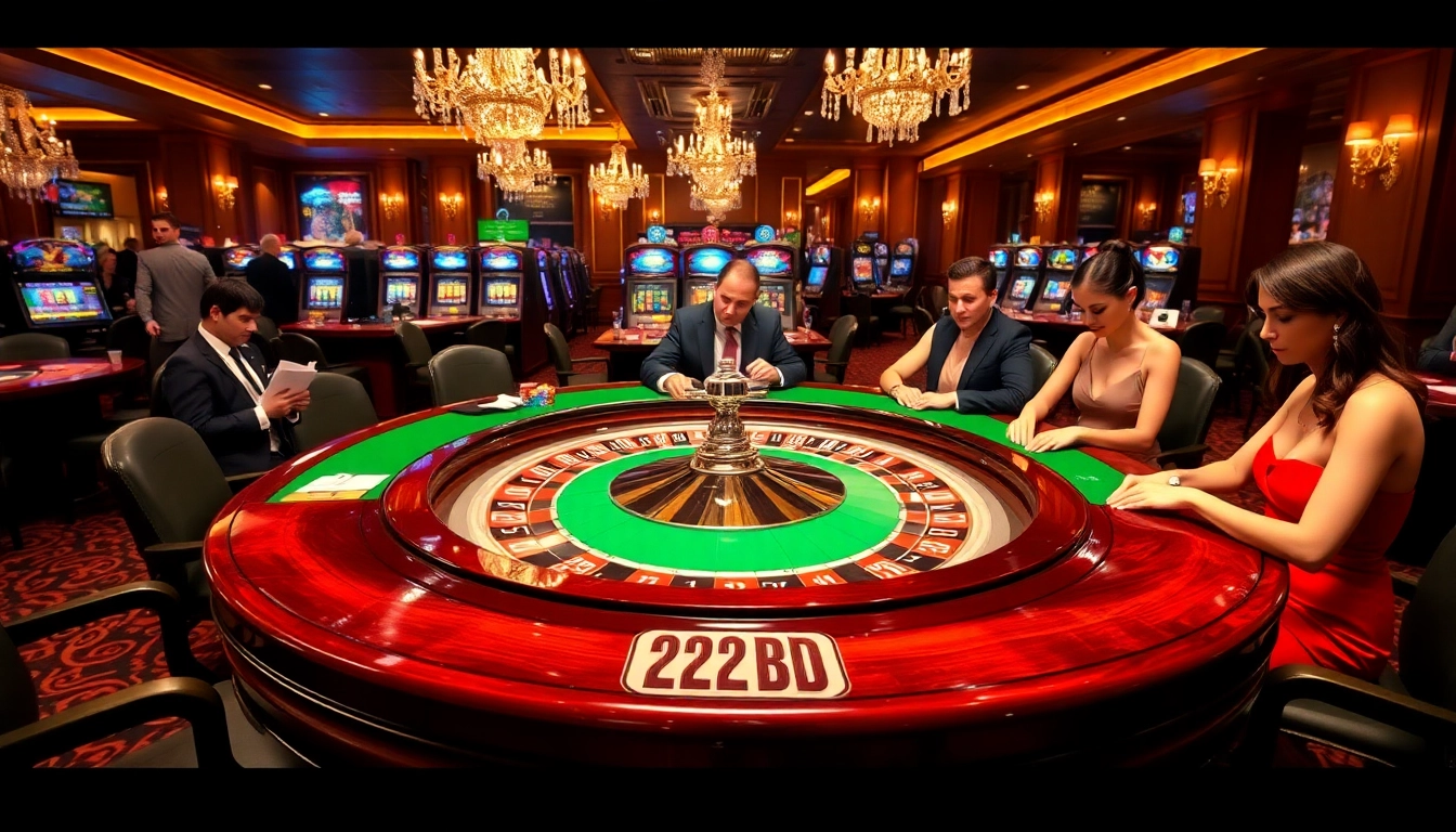 Players in a luxurious casino setting with roulette and 222BD-themed elements.
