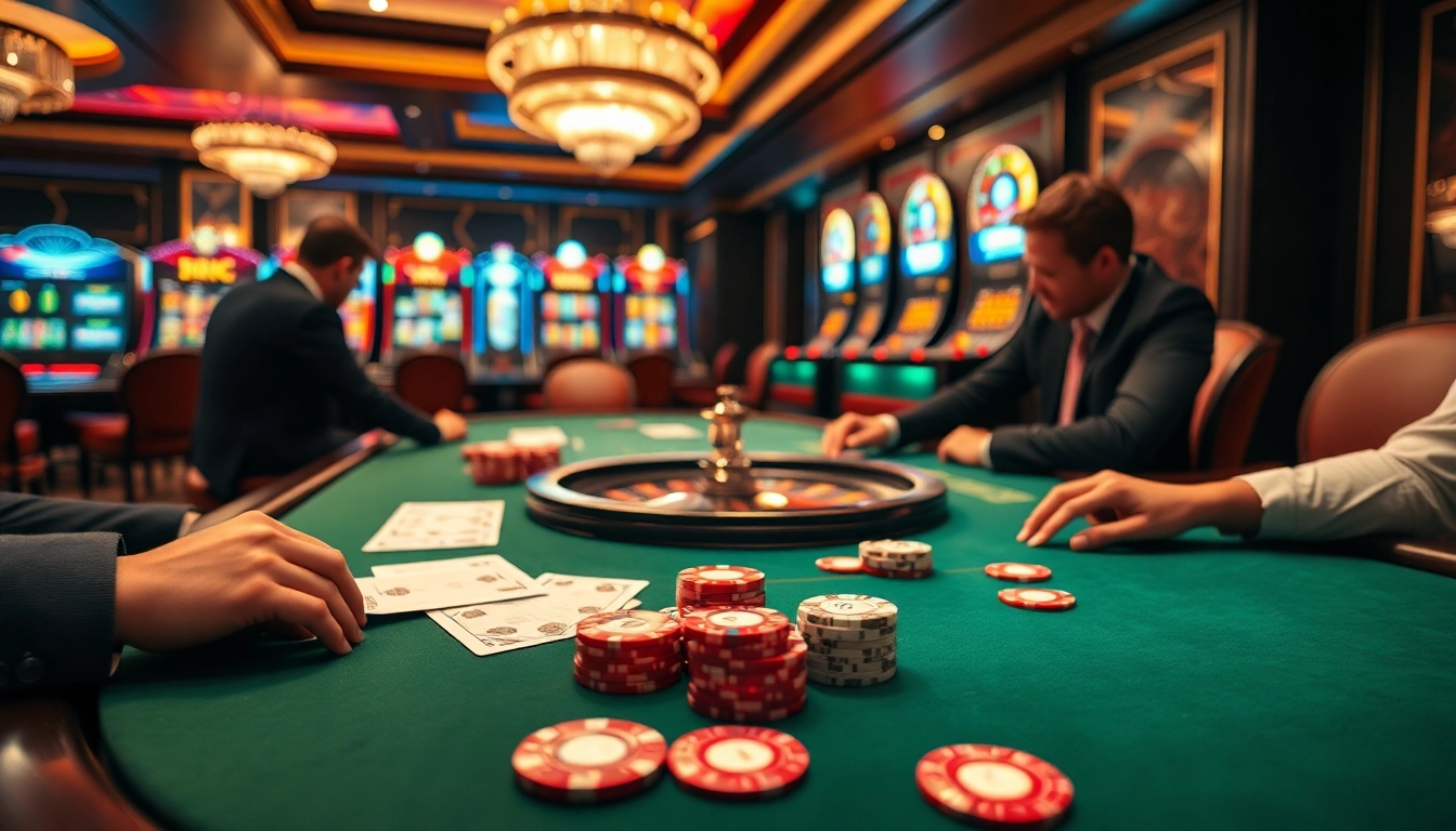 Experience thrilling poker action at ku3933 Casino, showcasing vibrant tables and classic slot machines.