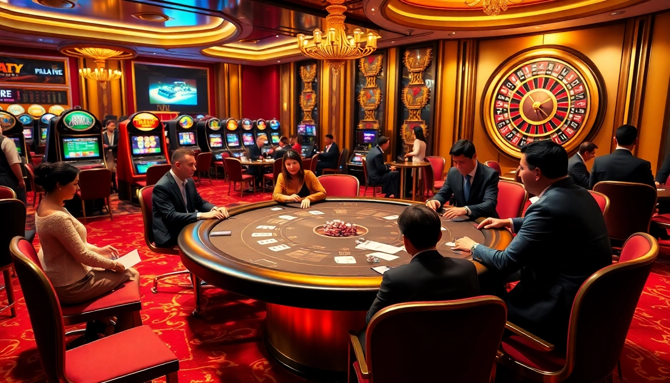 Exciting poker action at MK 8 casino with elegant players and vibrant slot machines.