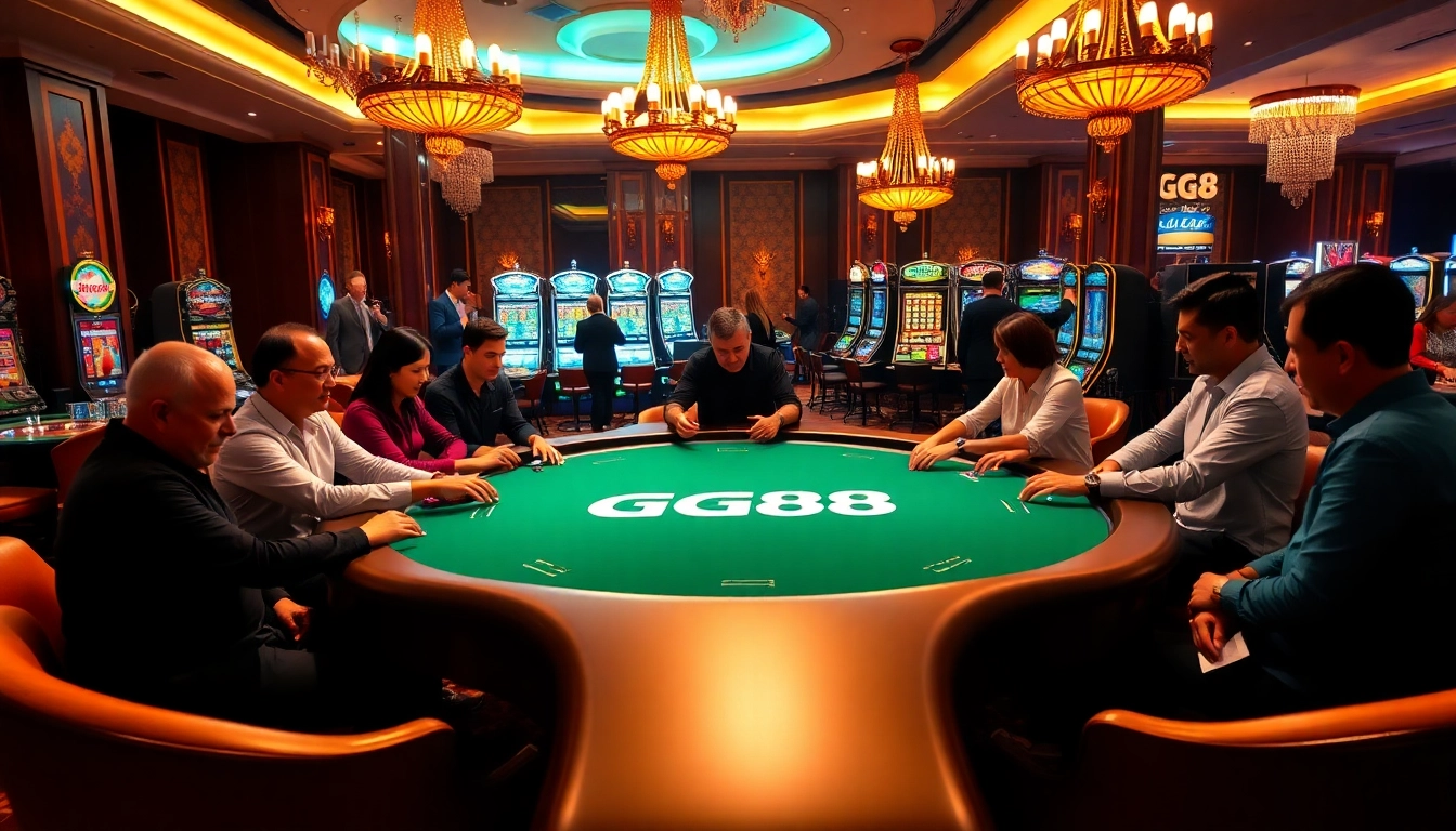 Players engaged in a thrilling GG88 poker game with a luxurious casino backdrop.
