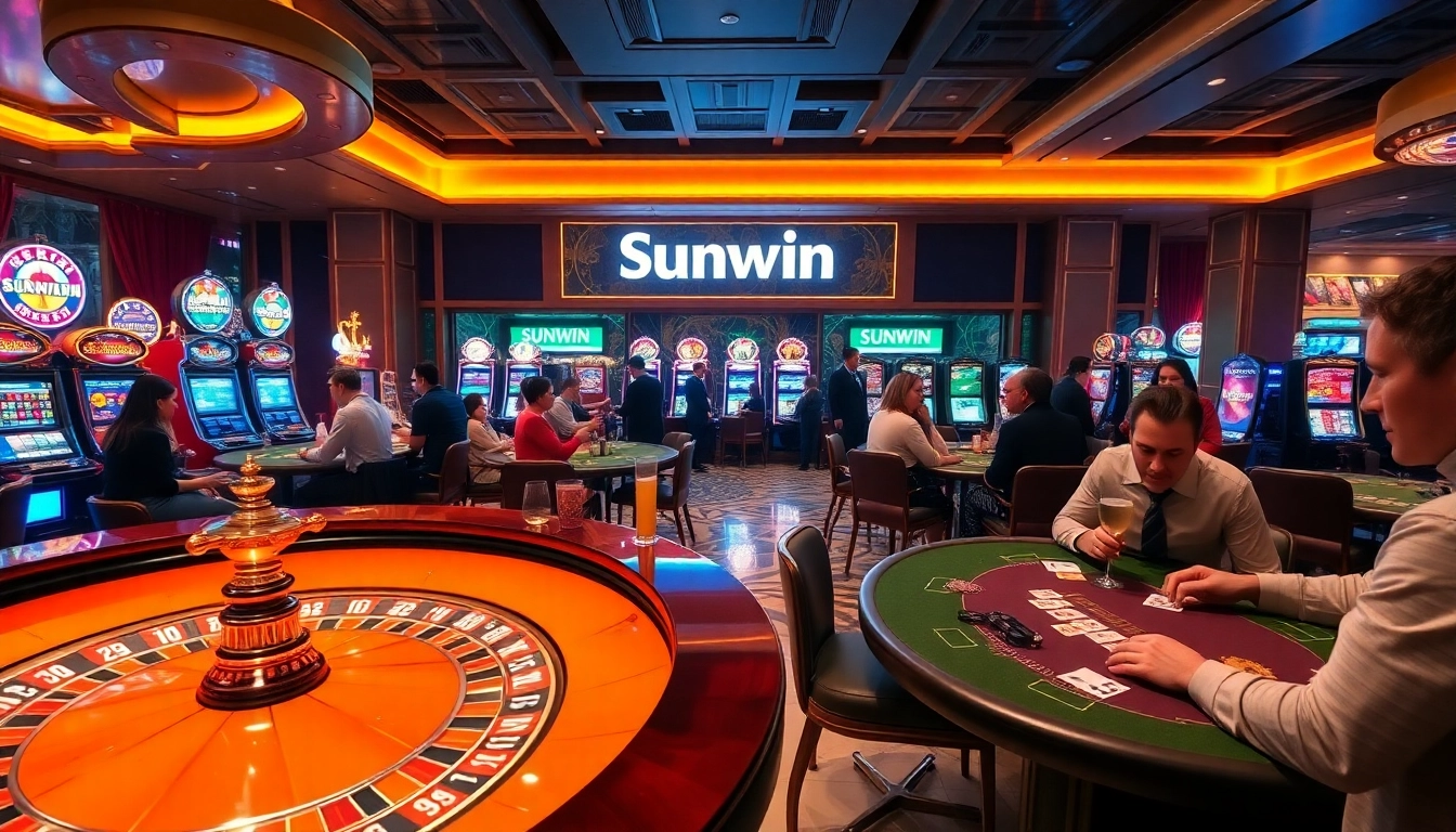 Sunwin casino scene showcasing an exciting roulette table and vibrant slot machines.