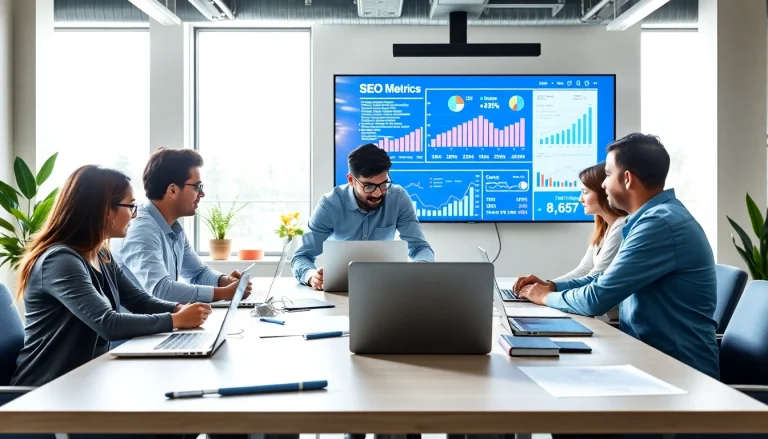 Engaged professionals in SEO consulting strategizing around data and digital reports.