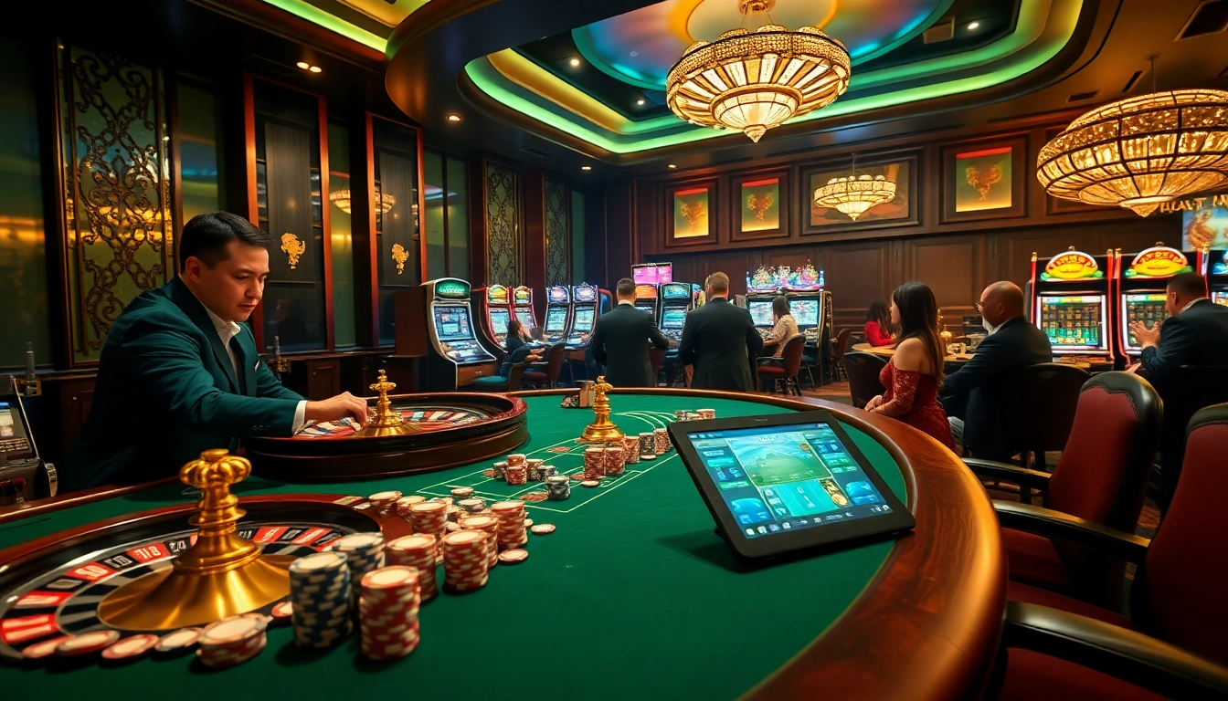 Players enjoying a high-stakes game at PS99 casino with luxurious tables and vibrant slot machines.