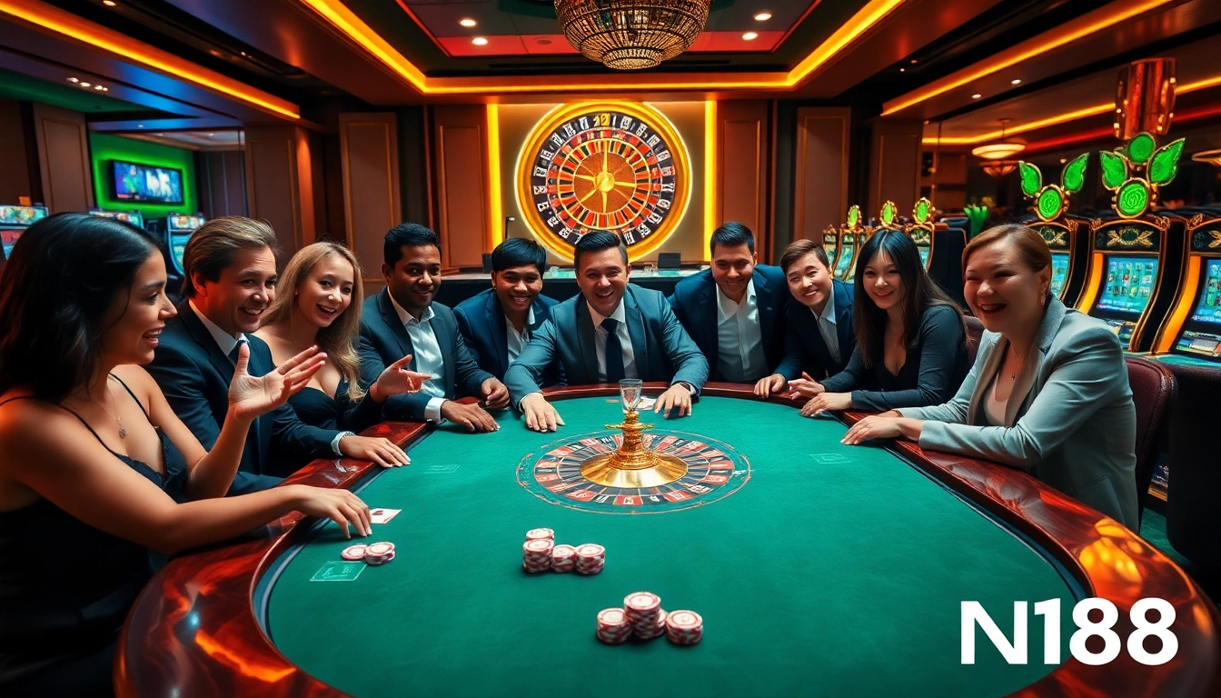 Experience the thrill of N188 gaming at a luxurious casino with engaged players and vibrant atmosphere.