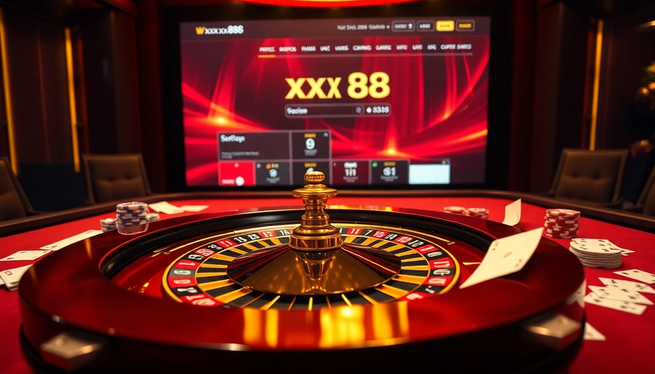 Players engaging in a thrilling game at https://xx88.se.net/, featuring a luxurious roulette table and vibrant poker chips.