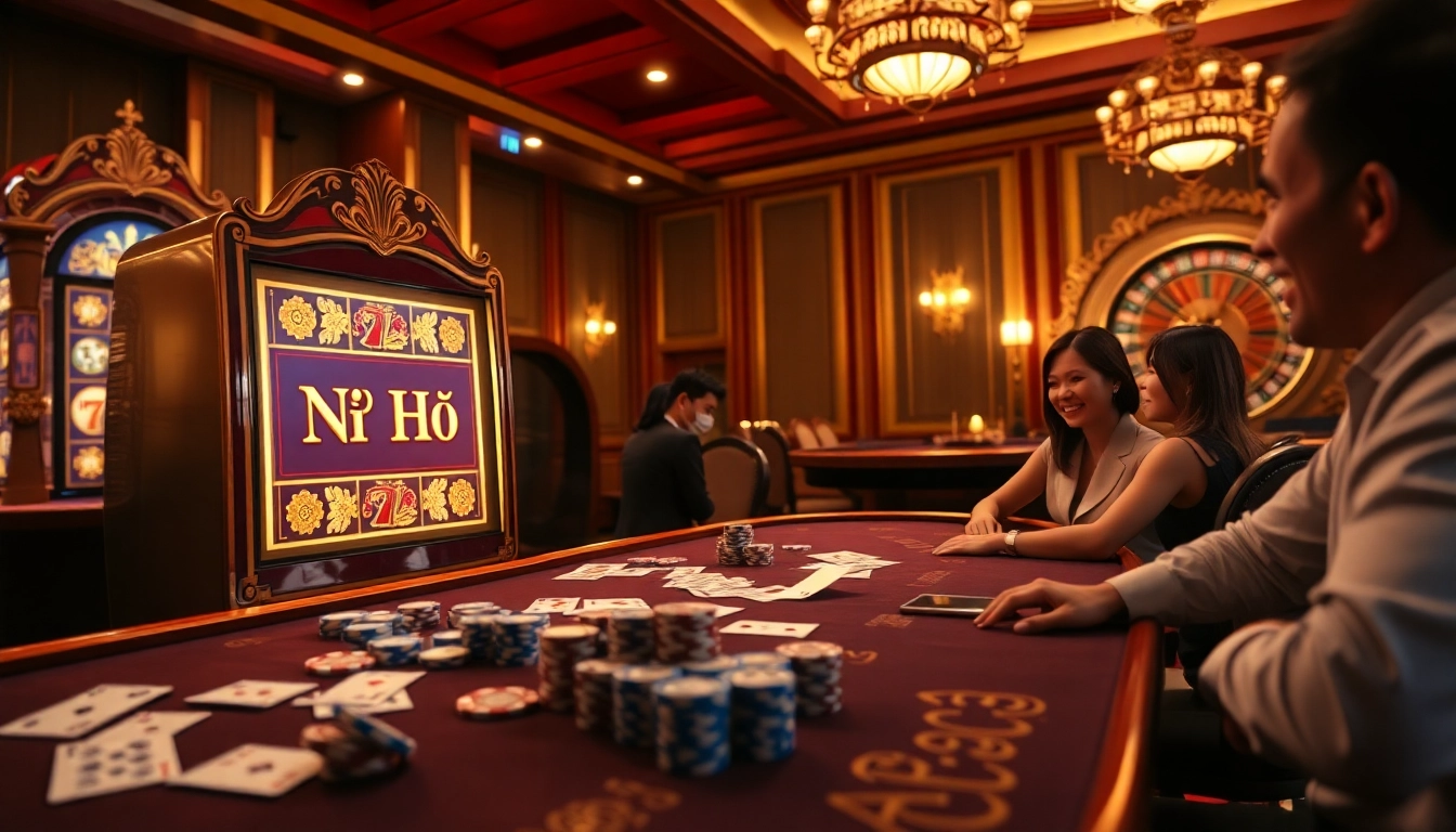 Nổ Hũ slot machine in a luxurious casino setting surrounded by poker chips and cards.