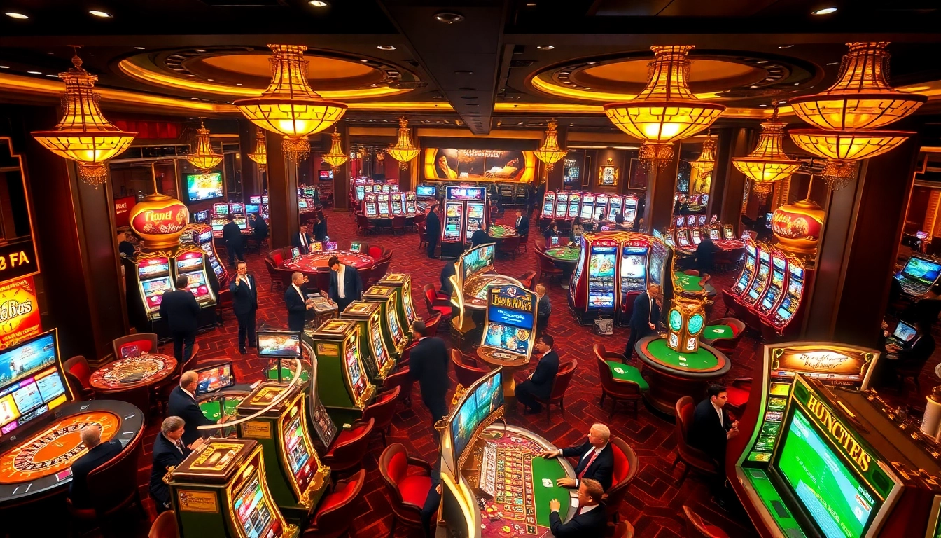 Excited gamblers enjoying games at https://vuabai9.store/ casino tables and slot machines.