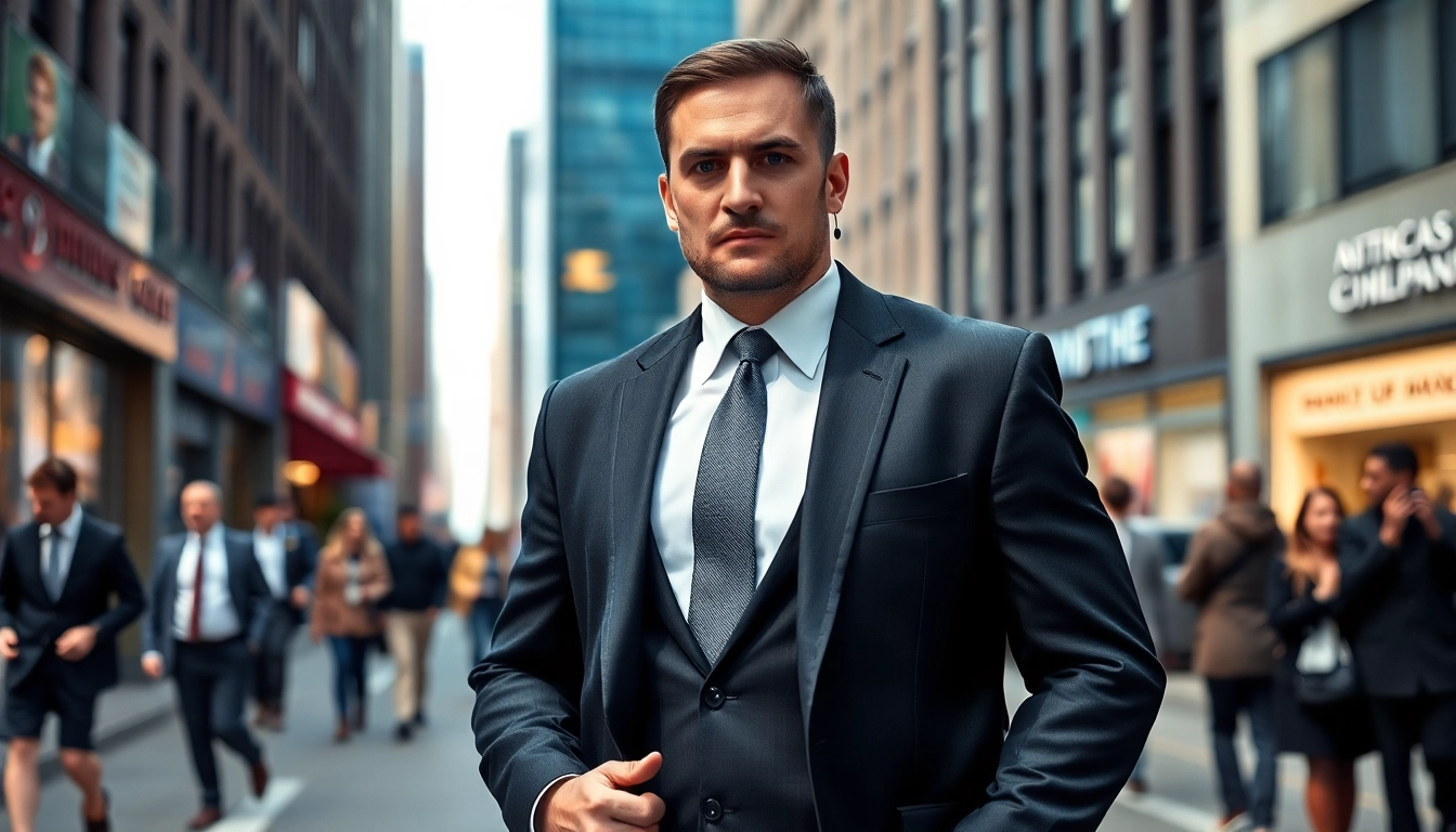 Bodyguard private security professional standing vigilant in an urban setting.