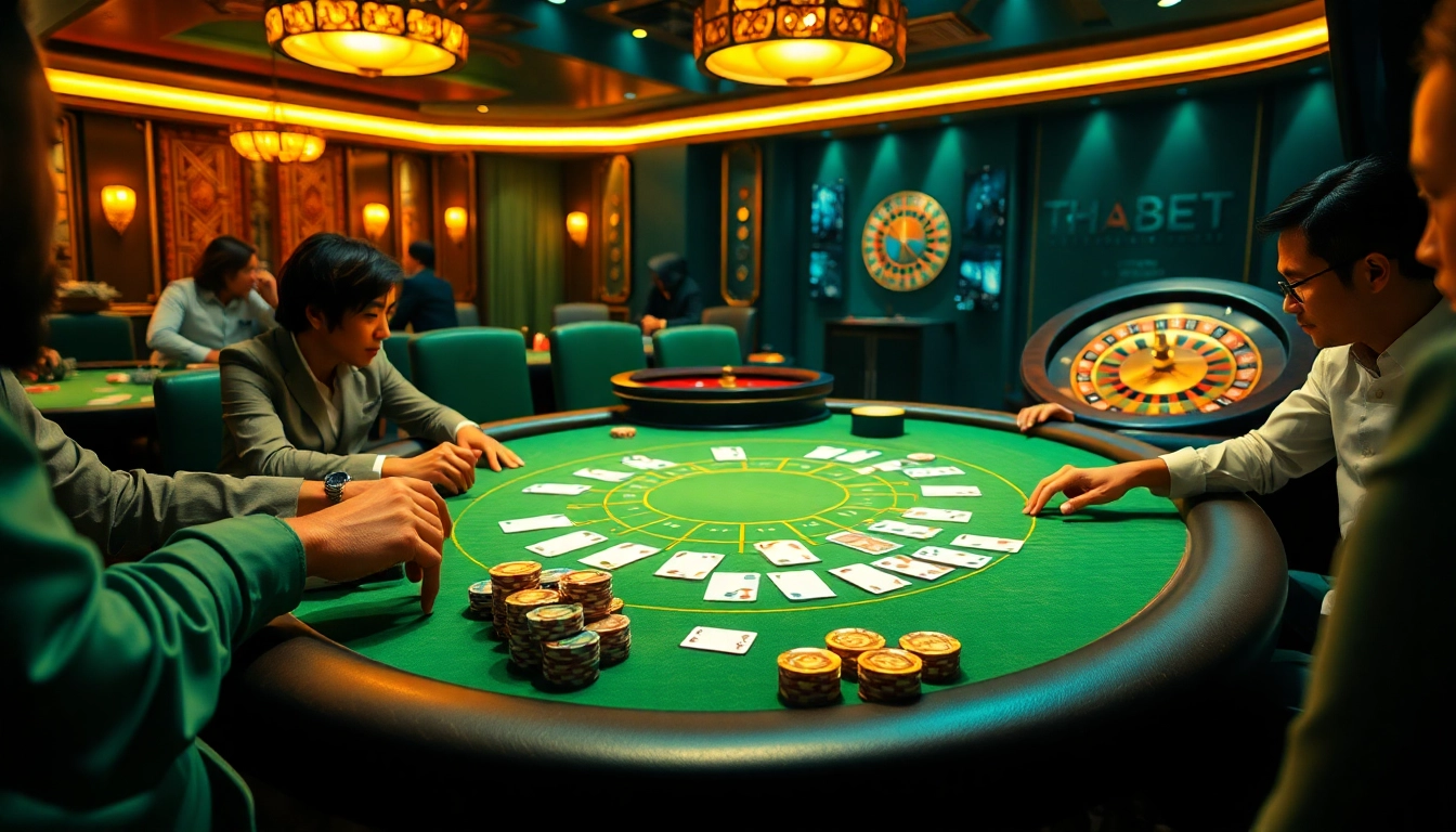 Players enjoying high-stakes poker at a luxurious THABET casino table.