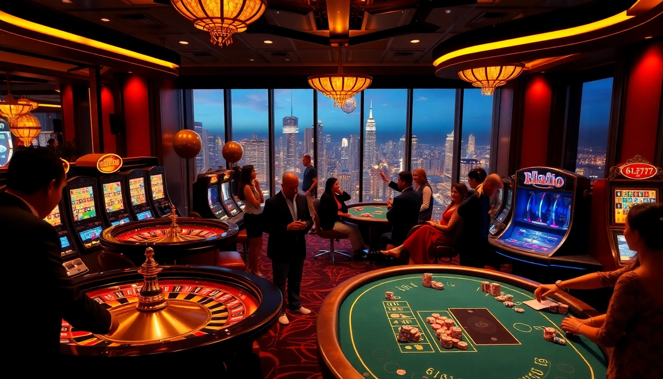 Experience thrilling gameplay with 6L777 at a luxurious casino, featuring roulette and poker tables.