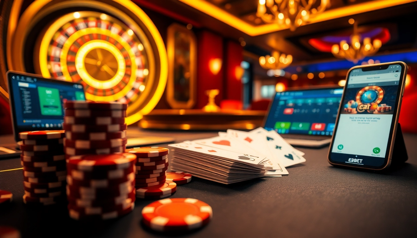 E2BET showcases a luxurious online gambling experience with vibrant poker chips and roulette.