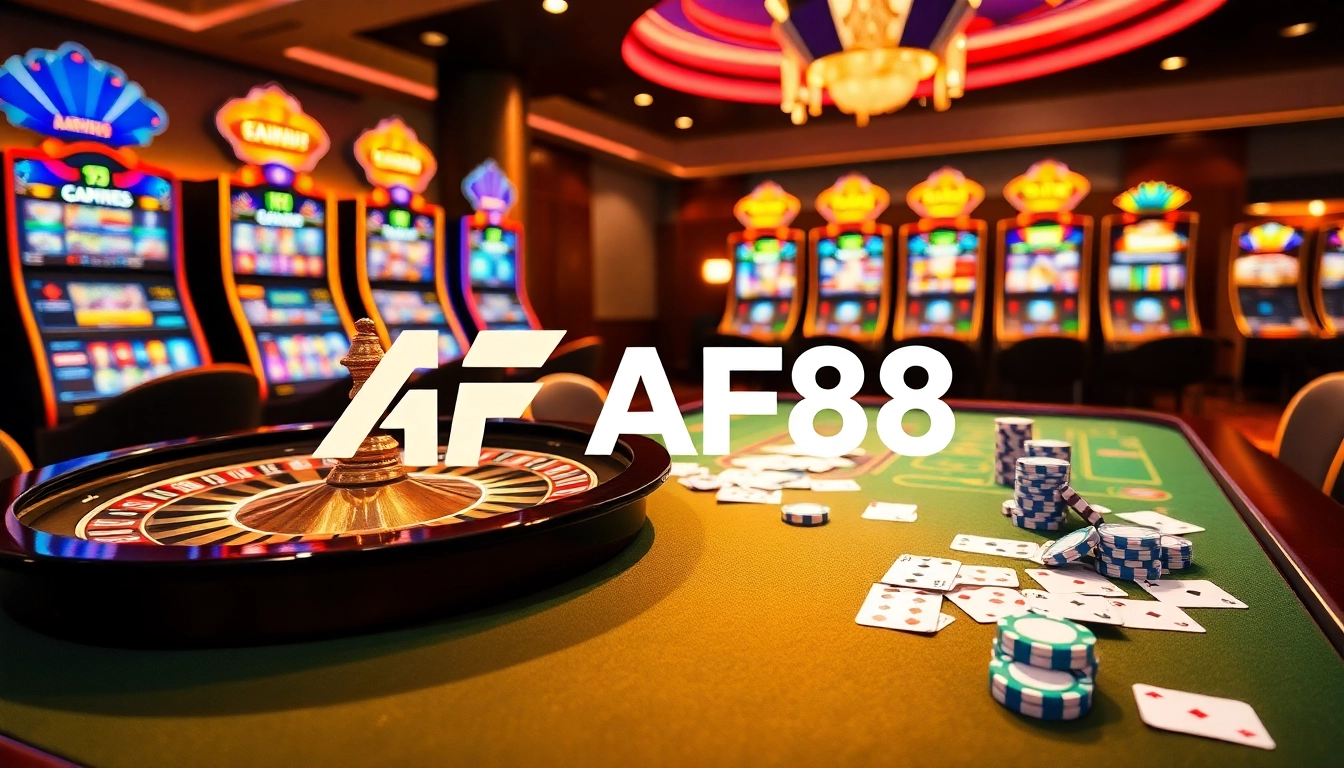 Exciting gambling scene showcasing AF88 casino elements with roulette, cards, and vibrant lighting.