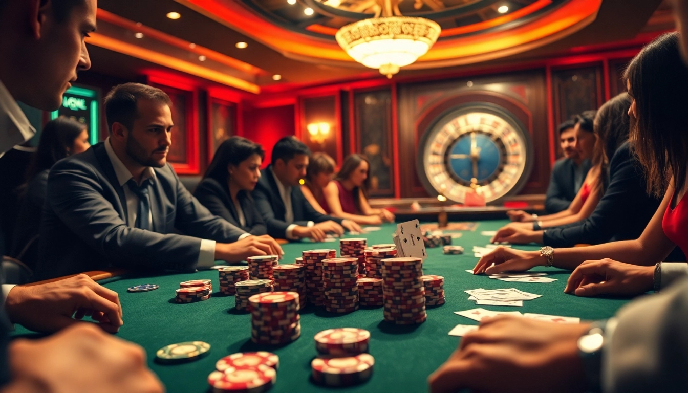 Players engaging intensely in a poker game at new88 casino, with vibrant colors and luxurious chips.