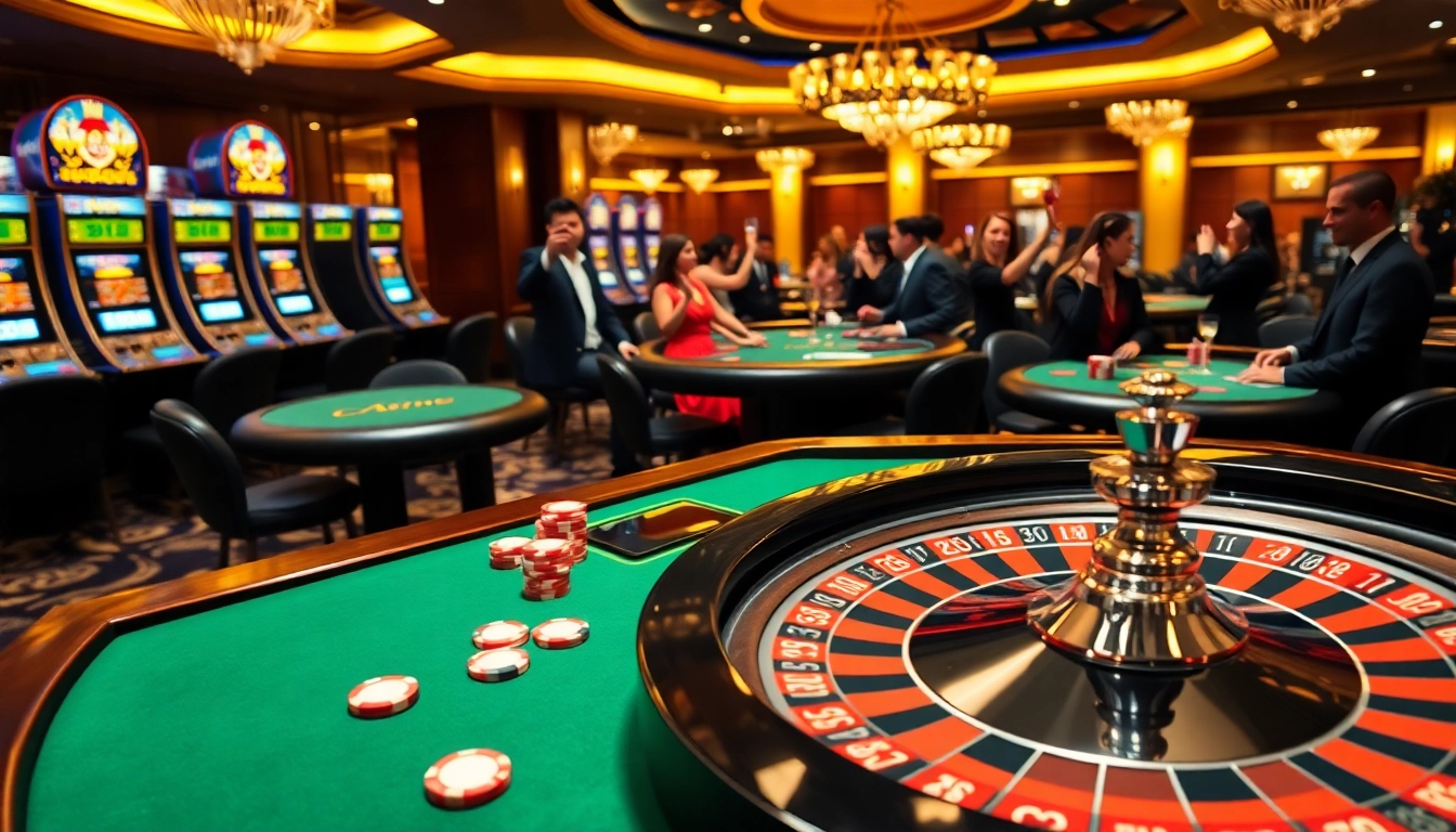 Experience thrilling moments at lc88 casino, featuring an elegant roulette table and excited players.