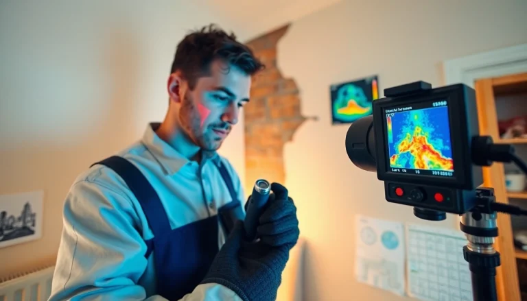 Central heating leak detection technician using thermal imaging technology in a domestic setting.