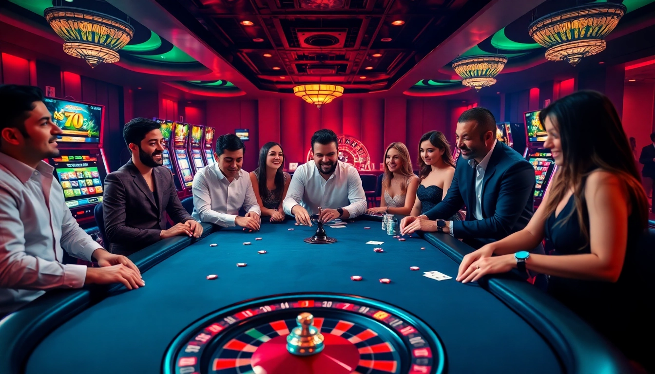 Excited players enjoy thrilling games at fly88.deal's luxurious casino, featuring poker tables and roulette wheels.