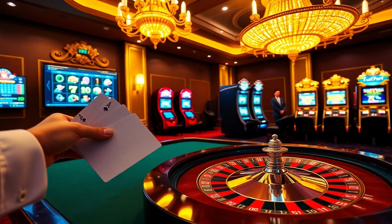 Engage in exciting gameplay at fly88.deal with a vibrant casino scene featuring roulette and cards.