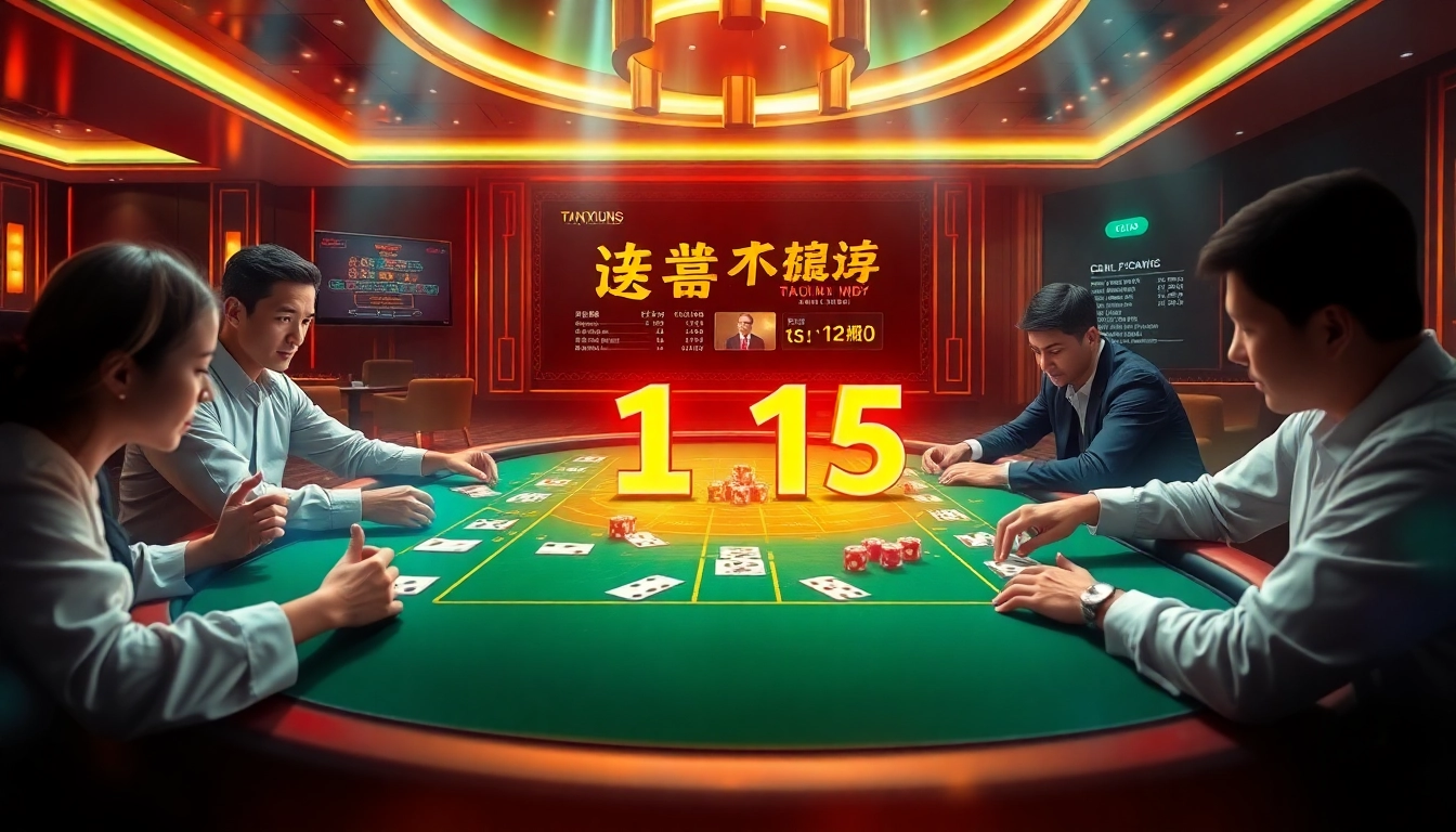 Tai Xiu MD5 gaming scene capturing excitement at a modern casino table with interactive elements.