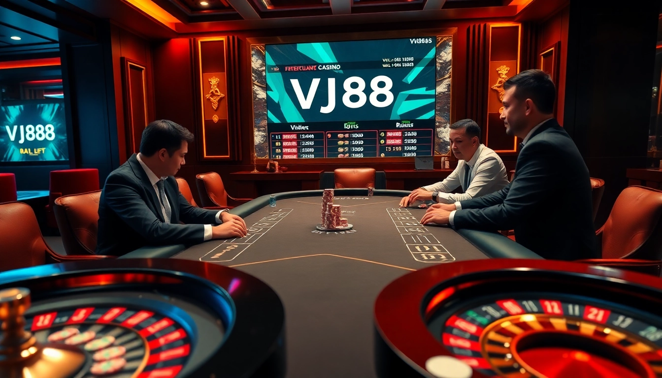 Players at a luxurious poker table celebrating a VJ88 win with chips and cards.