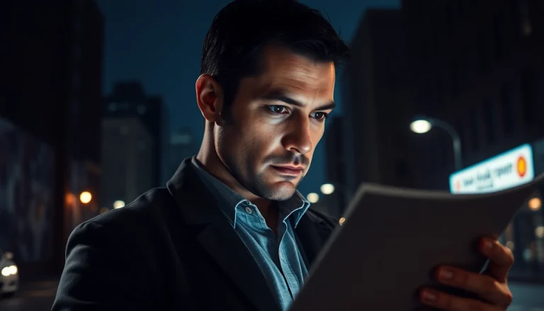 Hire a private eye analyzing evidence in a dimly lit urban environment.
