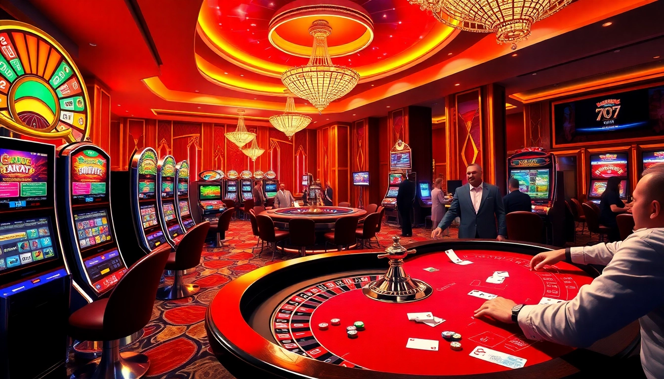 Engaged players enjoying exciting games at 7C77 casino gaming floor with vibrant visuals.