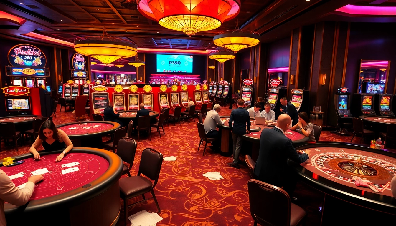 Experience gaming excitement at PS99 with players at vibrant casino tables and slot machines.